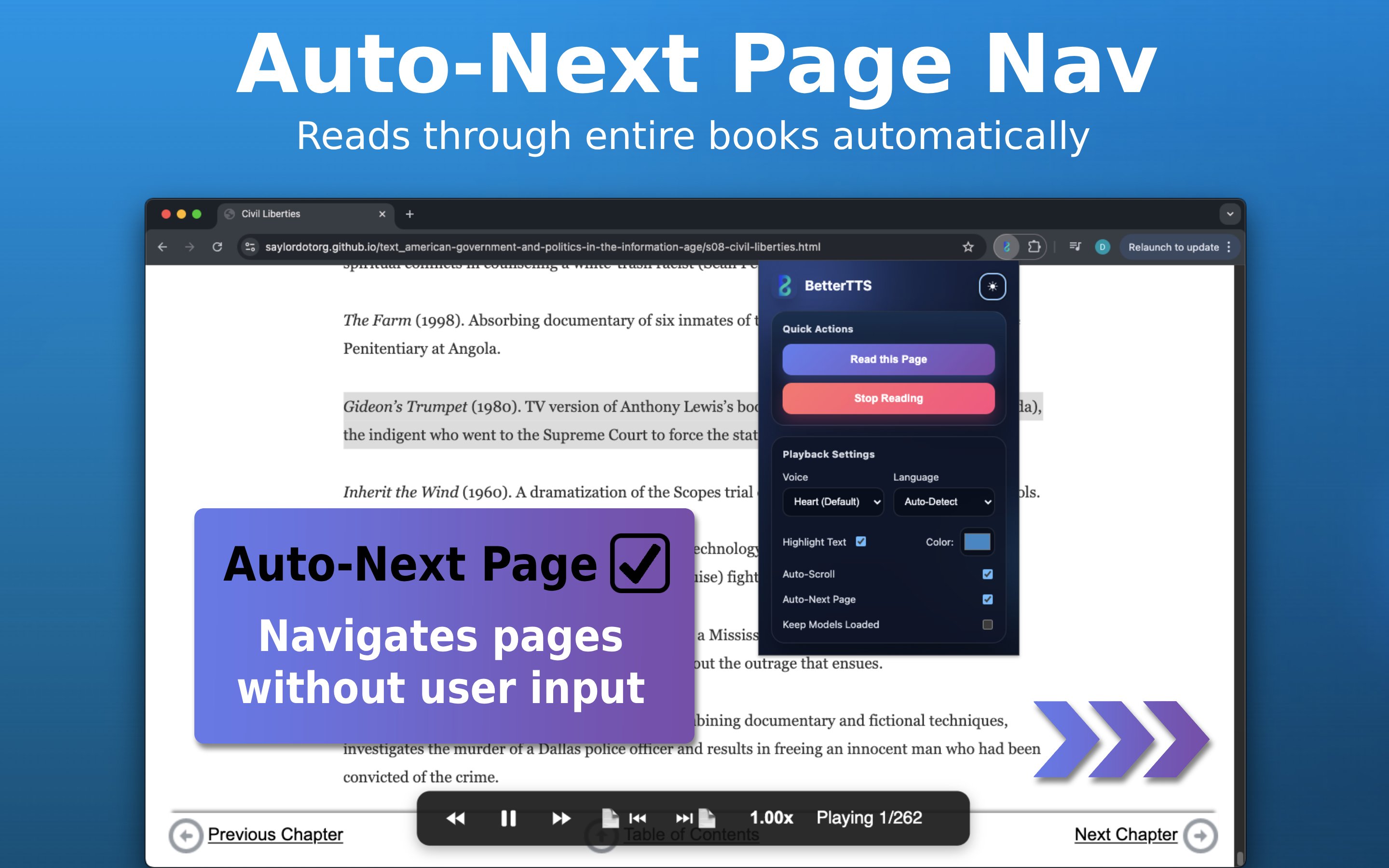 BetterTTS auto-next page navigation for continuous reading