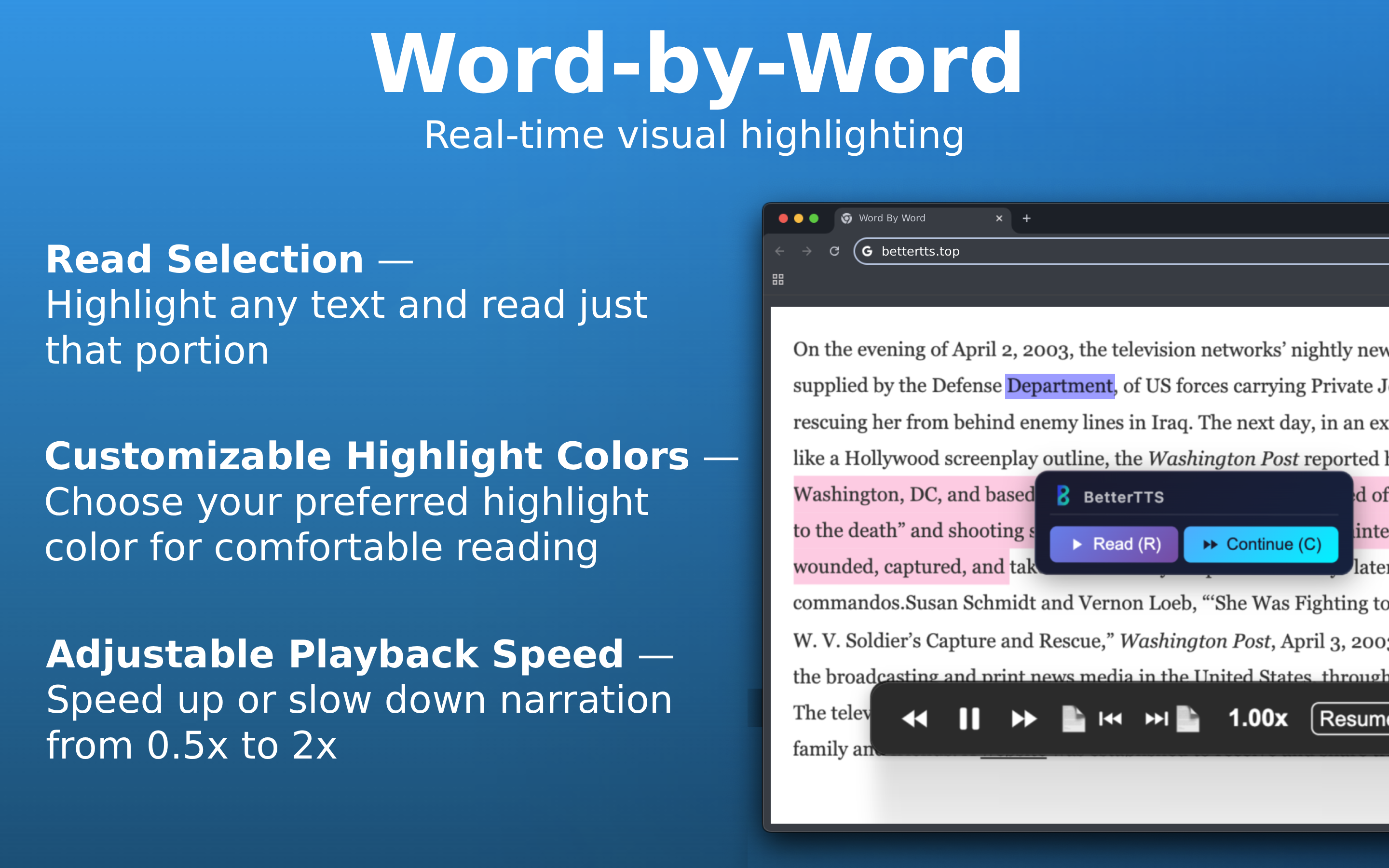 BetterTTS word-by-word highlighting and text selection reading