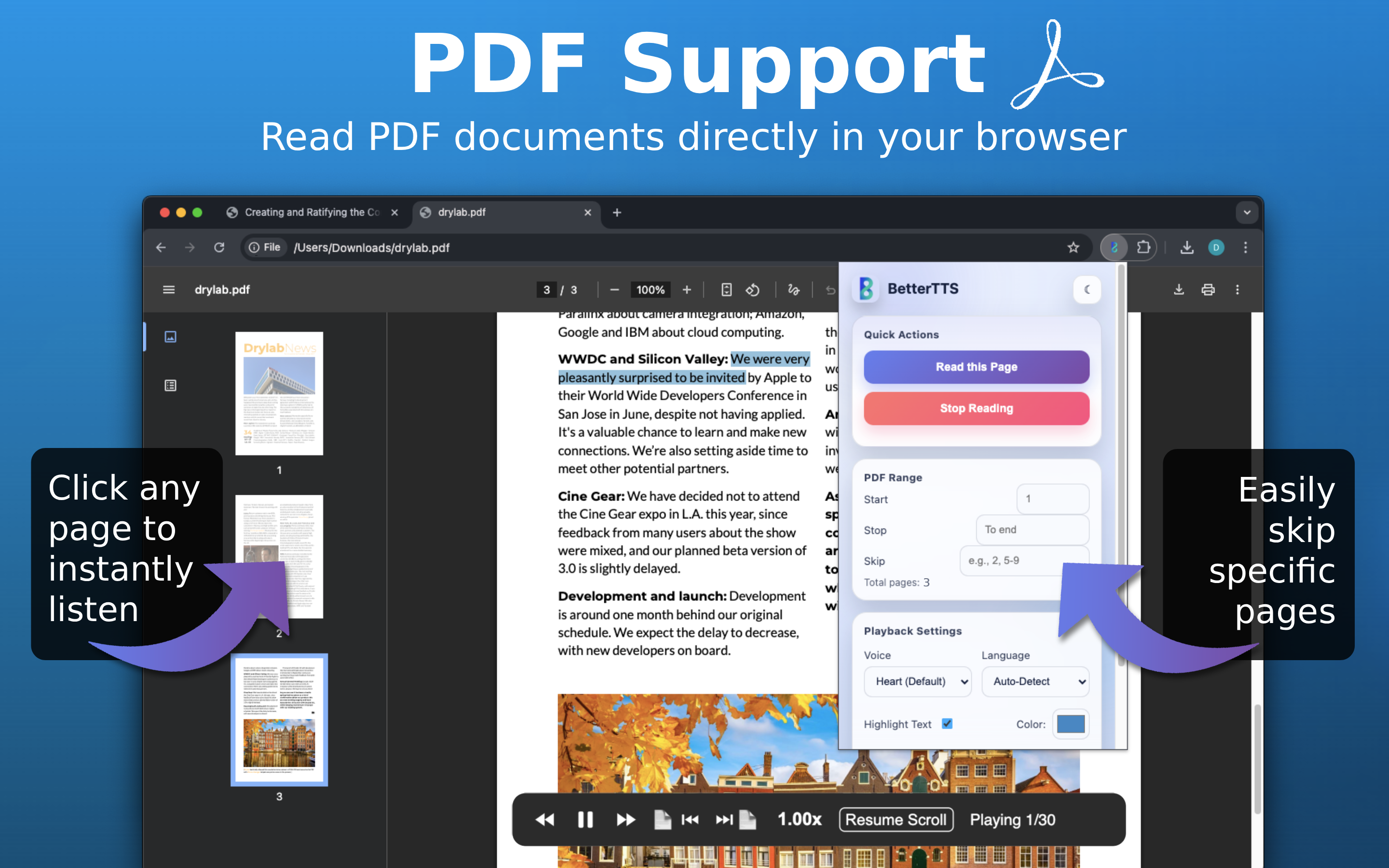 BetterTTS custom PDF reader with page range selection